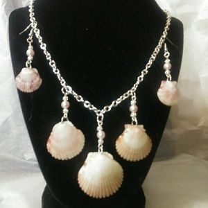 Triple Drop Scallop Seashell Necklace/Earring Set